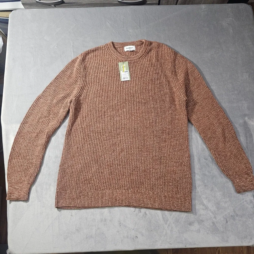 Goodfellow & Co Mens Textured Crewneck Sweater Brown Marl Ribbed Knit Pullover L
